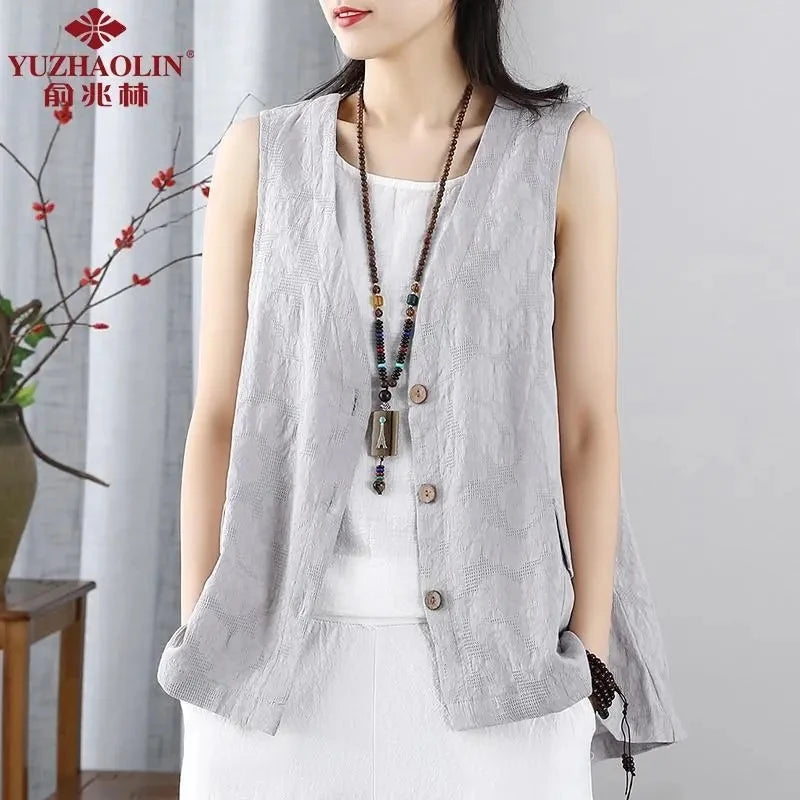 Fashion Retro Cotton Linen Vest Women's Waistcoat V Neck Loose Sleeveless Vest Coat Thin Cardigan Vest Jacket Tops Female 2022