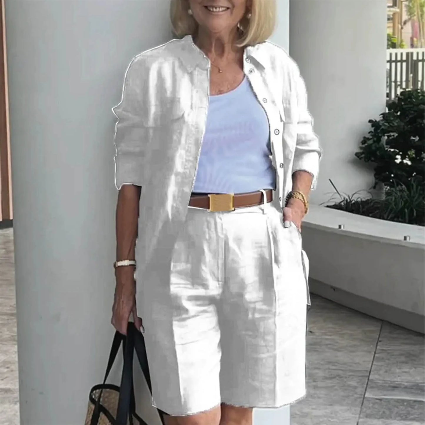 Elegant 2-Piece Sets For Women Womens Cardigan Shirt Top Summer Solid Color Casual Shorts Two Piece New In Matching Sets