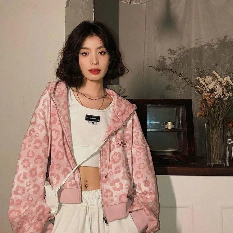2023 Pink Leopard Slip-On Cropped Cardigan Jacket Women's Spring Autumn New Loose-Fit Hong Kong Style Vintage Hooded Sweatshirt