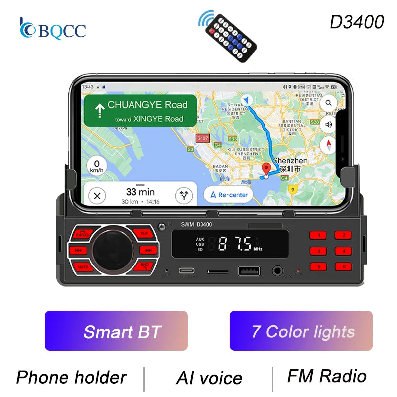 BQCC 1Din MP3 Autoradio FM USB TF AUX Input Stereo Radio Bluetooth Power Protect 7 color lights Dual USB Multimedia Car Audio