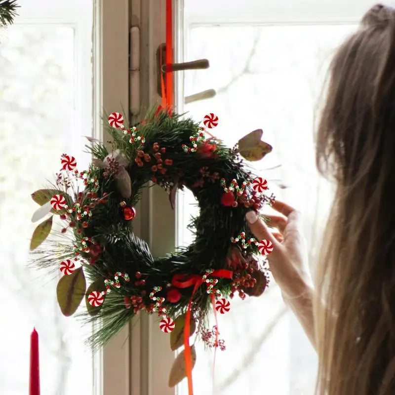 Christmas Candy Cane Decorations - Red White Lollipop Curved Candy Tree Stems Picks