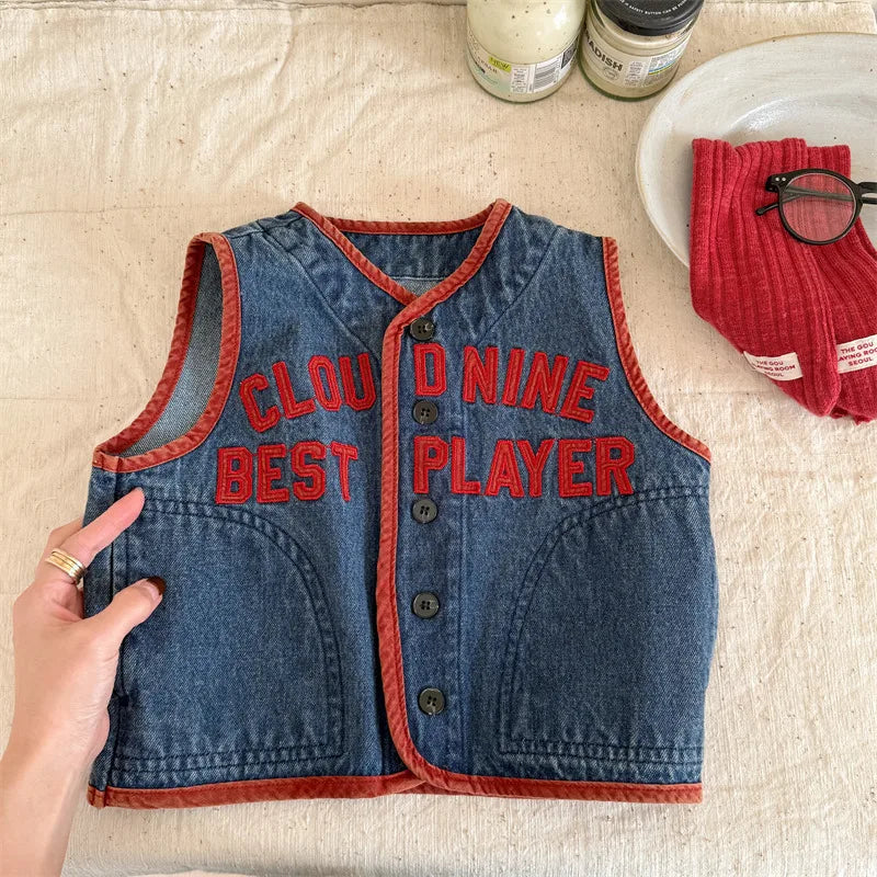 Children's Vest for Boys Girls 2025 Spring Autumn New Baby Denim Vest Letter Print Girls Kids V-Neck Waistcoat Coat
