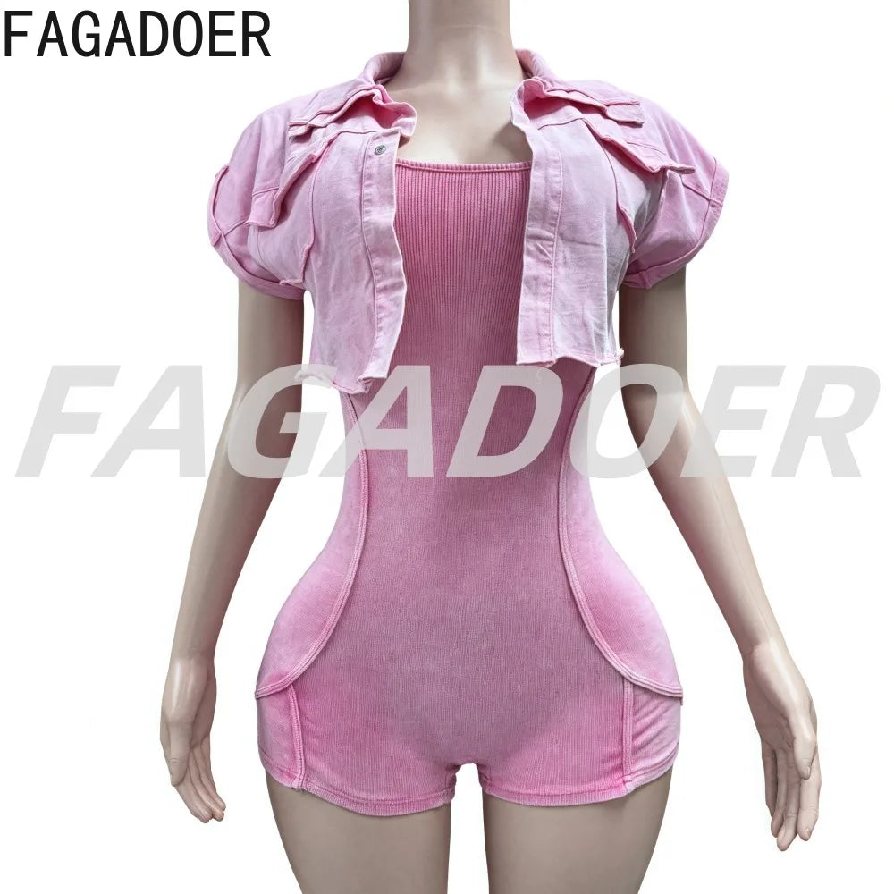 FAGADOER 2025 Spring New Casual Rib Bodycon Rompers for Women Sleeveless Coat + Spaghetti Strap Jumpsuits Casual Female Overalls
