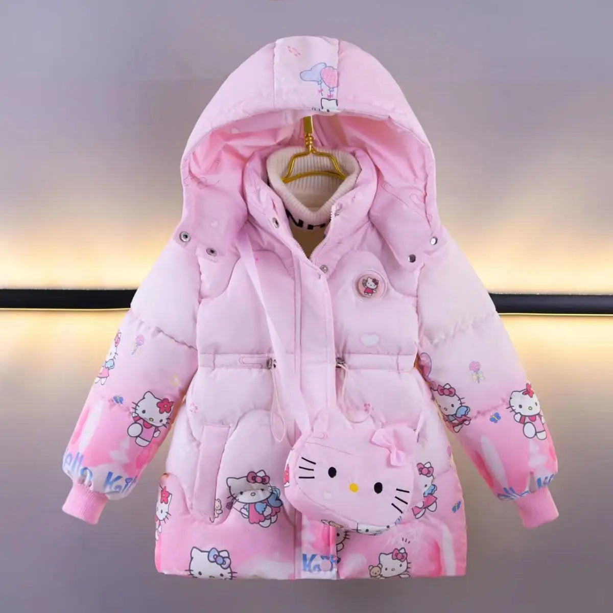 Baby Girl Outerwear 2025 New Winter Children Cartoon Hello Kitty Printed Plush Thick Warm Princess Coat Zipper Hooded Parka+Bag