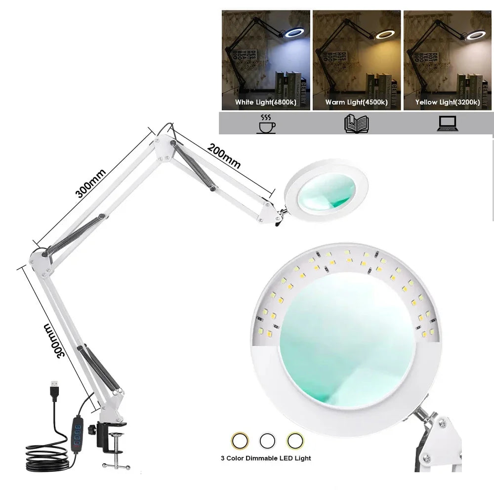 72LED Illuminated Magnifier 8X/10X - USB 3 Color LED Magnifying Glass Desk Lamp for Soldering Repair