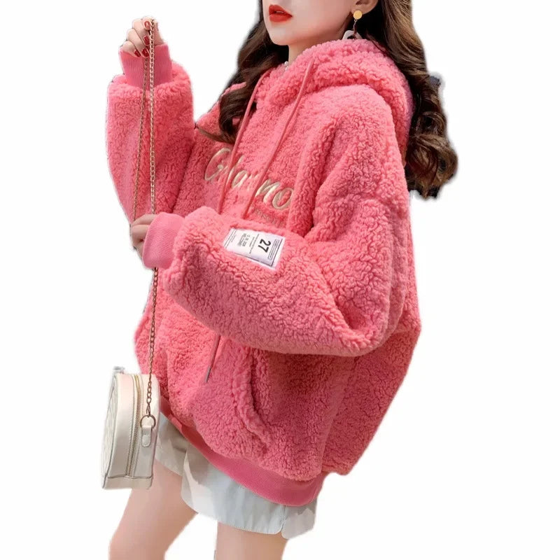 Thickened Fleece Hooded Sweatshirt - Women Lamb Fur Winter Warm Pullover Hoodie Jacket