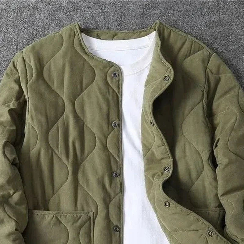 Autumn Winter O-neck Quilted Jacket Men's Versatile Green Retro Thickened Coat Men Techwear Button Up Oversize Jacket