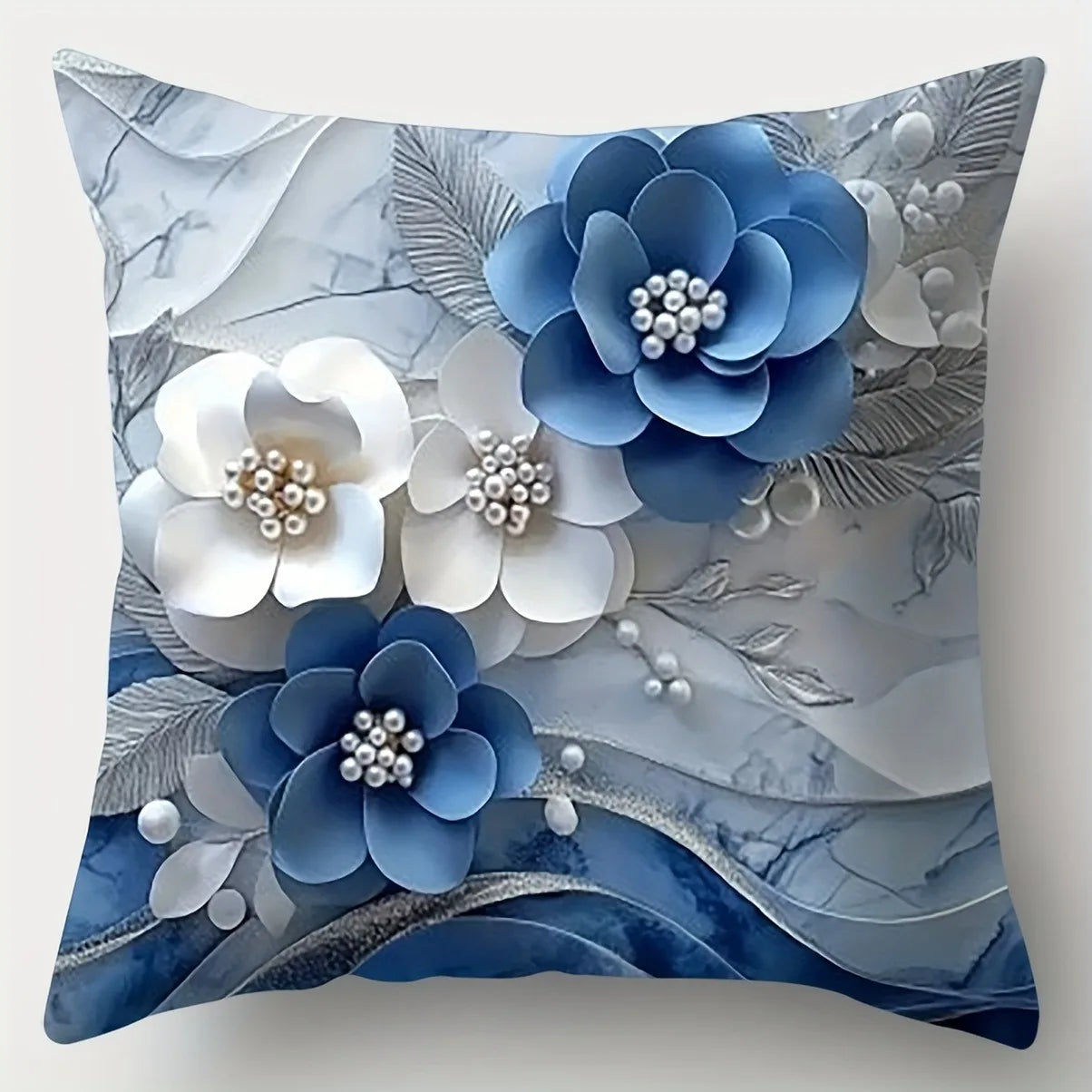 Blue White Floral Pillowcases - Jewelry Style Polyester Cushion Cover with Zipper Home Decor