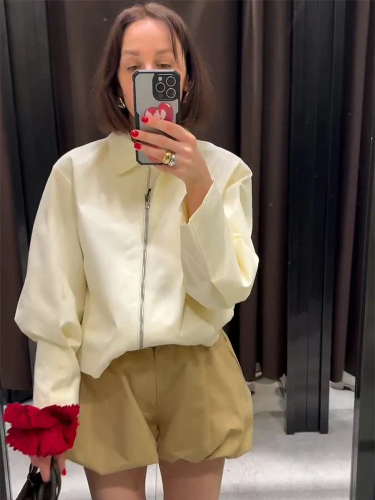 Spring Casual Women's Jackets Lapel Full Sleeves Zippers Loose Female Coat 2025 Street Fashion All-match Minimalism Lady Outwear