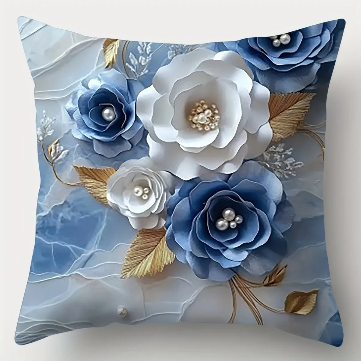 Blue White Floral Pillowcases - Jewelry Style Polyester Cushion Cover with Zipper Home Decor