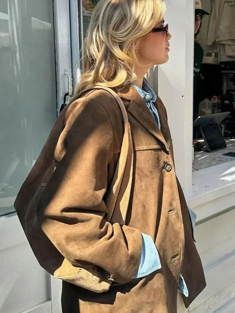 Boyfriend Brown Coat Women Spring - Turndown Collar Long Sleeve Loose Single-Breasted Jacket 2025