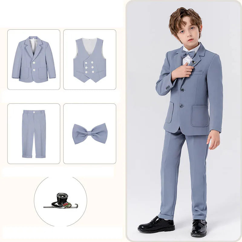5 Pieces Children Jacket Vest Pants Bowtie Brooch Photograph Suit Boys Host Piano Dress Gentle Kids Easter Performance Costume