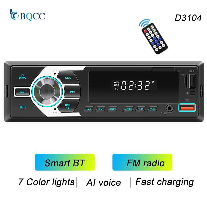 BQCC 1Din MP3 Autoradio FM USB TF AUX Input Stereo Radio Bluetooth Power Protect 7 color lights Dual USB Multimedia Car Audio