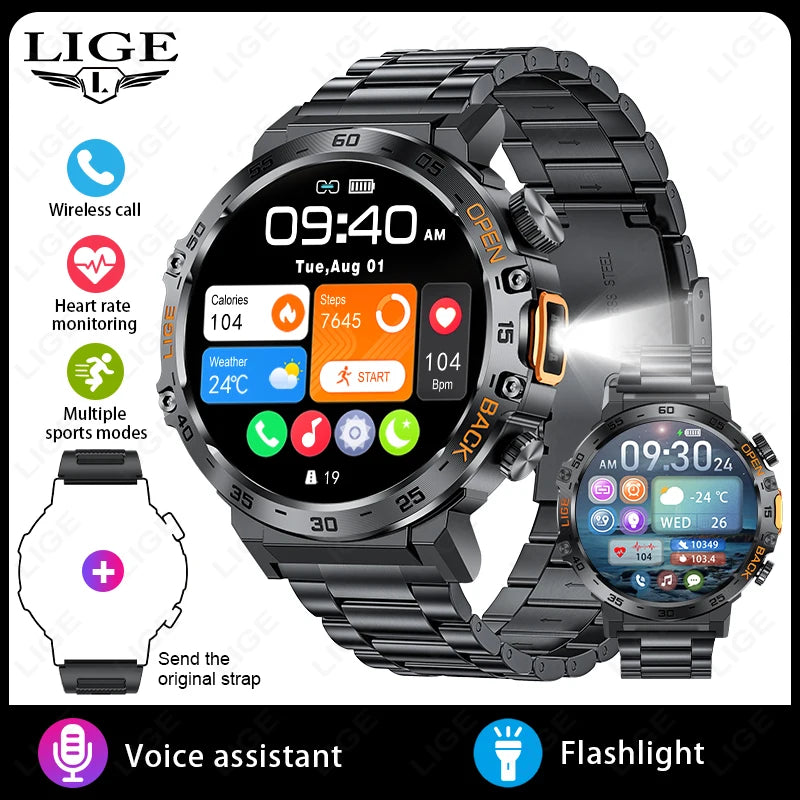 LIGE 2025 Smart Watch Men 360*360 AMOLED HD Screen Waterproof Sport Fitness Watches Flashlight New Men Smartwatch For Andrio IOS
