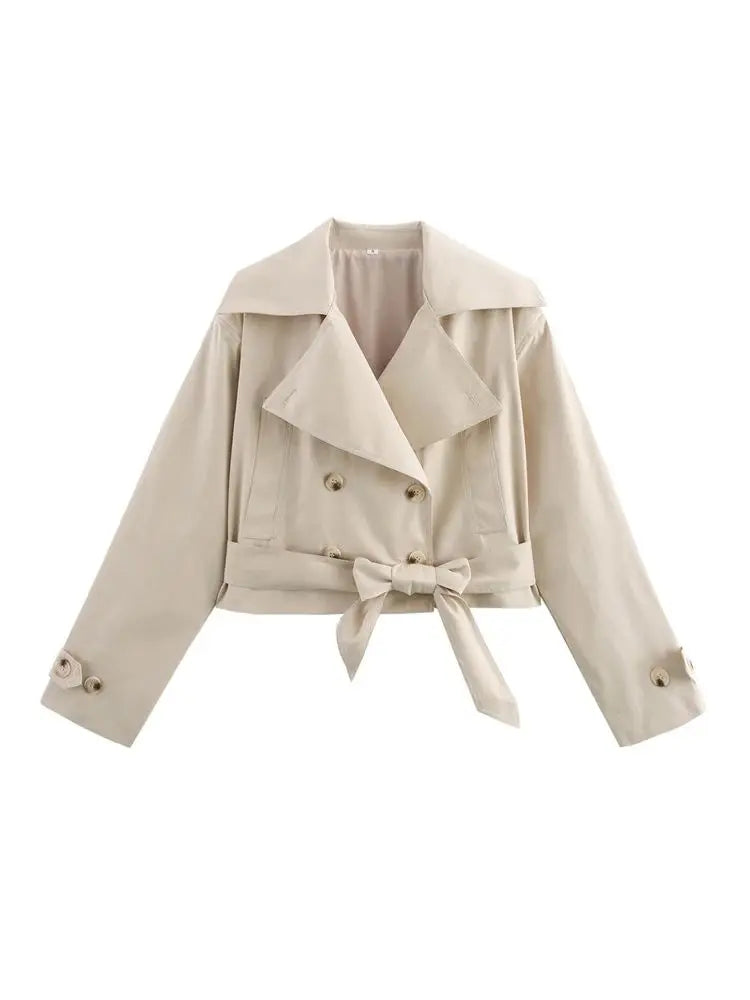 Double Breasted Crop Trench Coat for Women Fashion Belt Long Sleeve Lapel Collar Chic Outerwear Female Tops