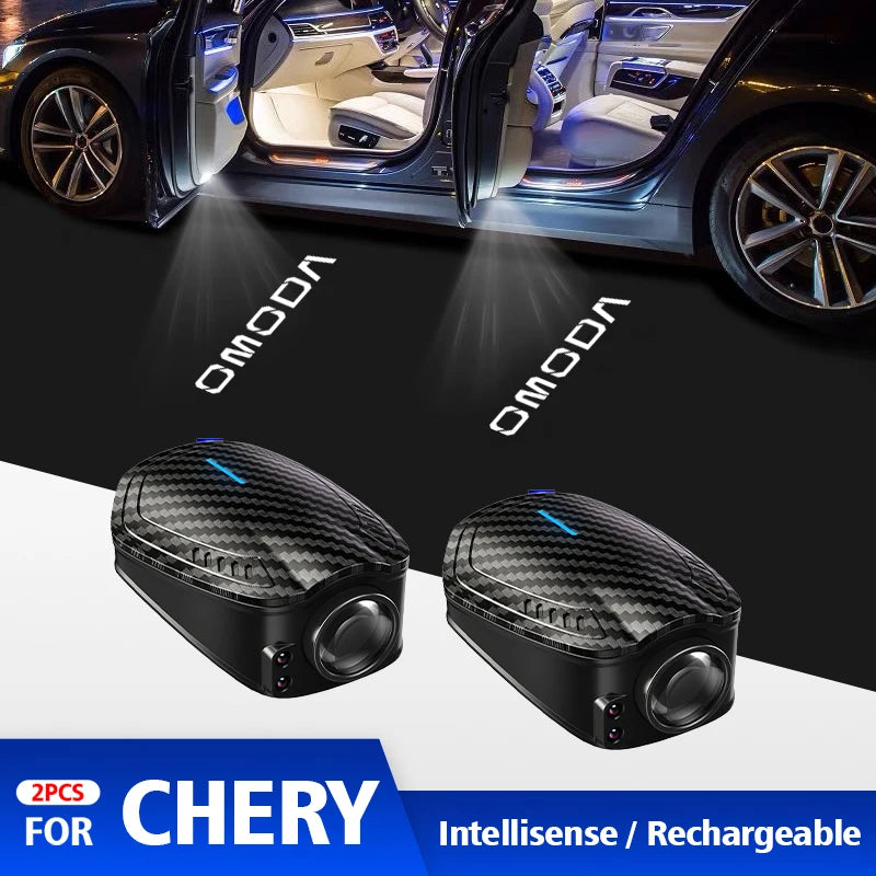 For Chery Omoda C5 5 FX 2023 2024 2pcs USB Rechargeable GR Sport Logo Car Door HD LED Lamps Projector Courtesy Welcome Lights