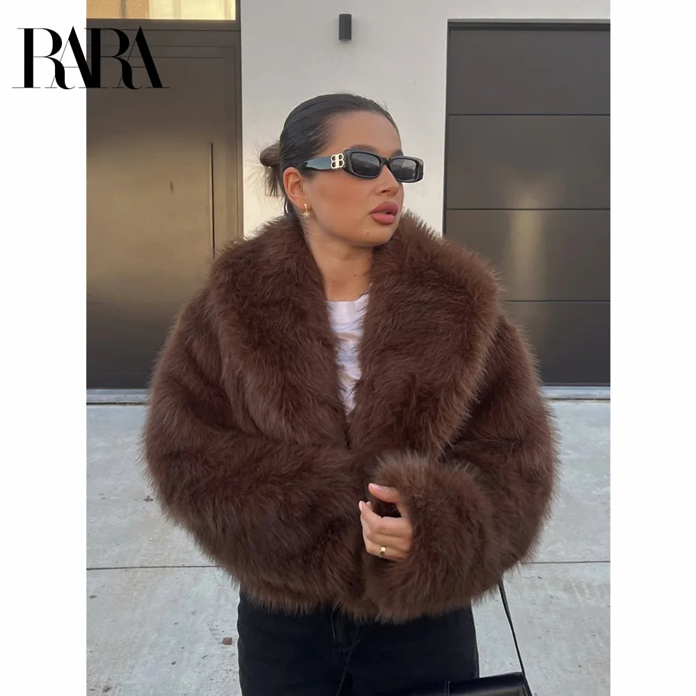 2024 RARA women's winter new style lapel long-sleeved artificial fur effect short coat comfortable temperament versatile