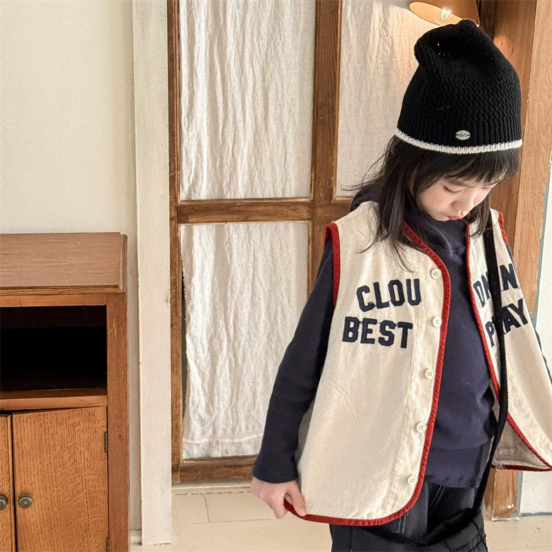 Children's Vest for Boys Girls 2025 Spring Autumn New Baby Denim Vest Letter Print Girls Kids V-Neck Waistcoat Coat