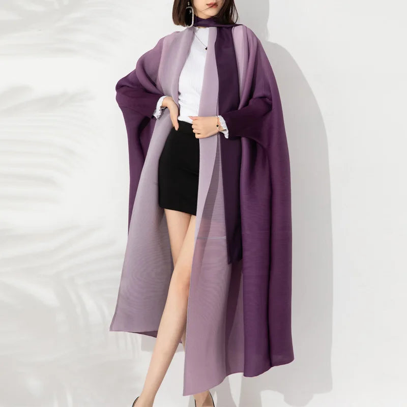 Miyake Folds Bandage V-neck Batwing Sleeve Trench Loose Fashion Slimming Temperament Casual Long Coat 2024 Autumn New Robe