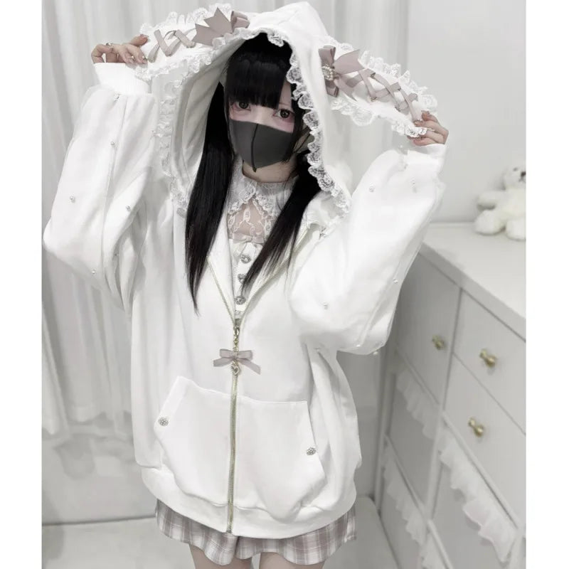 Bunny Hoodie Hoodies Y2K Rabbit Ear Hoodie Lolita Jacket Bow Girls Pearl JK Japan Lace Kawaii Zipper Cardigan Long Sleeved Top