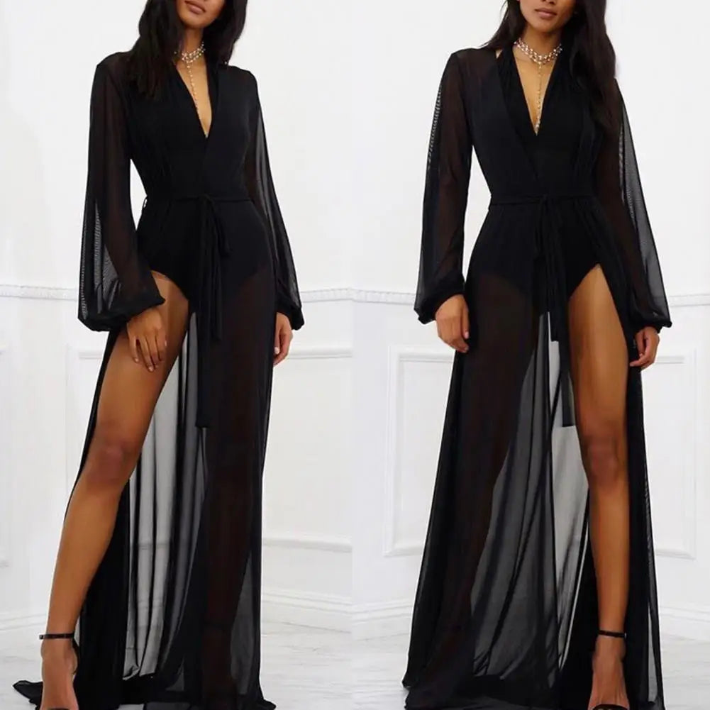 Deep V Neck Long Cardigan Sun Floor Length Ladies Cover up Sexy Lantern Sleeve Mesh Cardigan Beachwear For Outdoor