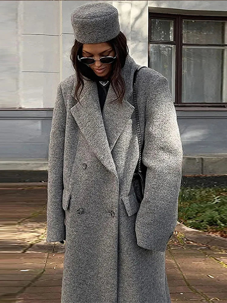 Fashion Grey Long Women's Coat Turndown Collar Double Breasted Long Sleeve Coats Fashion Vintage Winter Windproof Women Jacket