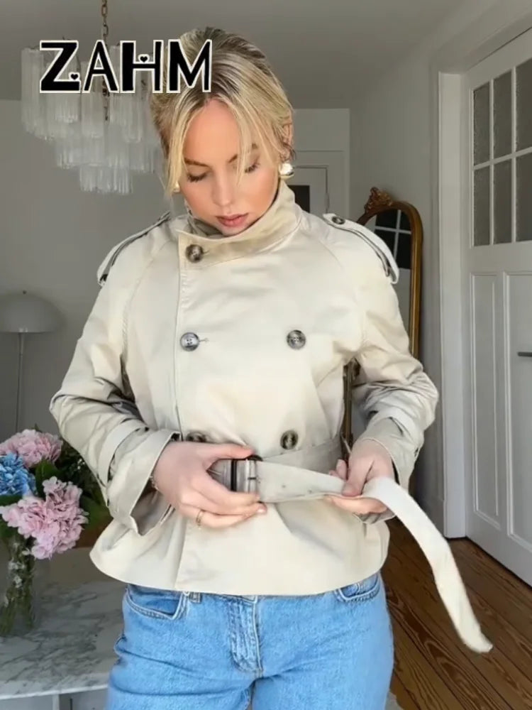 Fashion Women's Short Belt Jackets Long Sleeve Stand Collar Double Breasted Female Coat 2025 Autumn Lady Solid Outwear