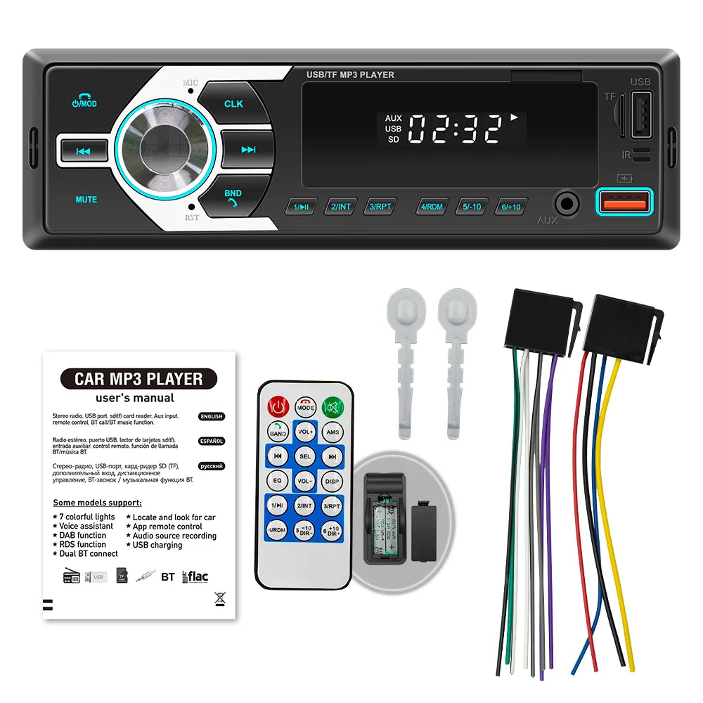 BQCC 1Din MP3 Autoradio FM USB TF AUX Input Stereo Radio Bluetooth Power Protect 7 color lights Dual USB Multimedia Car Audio