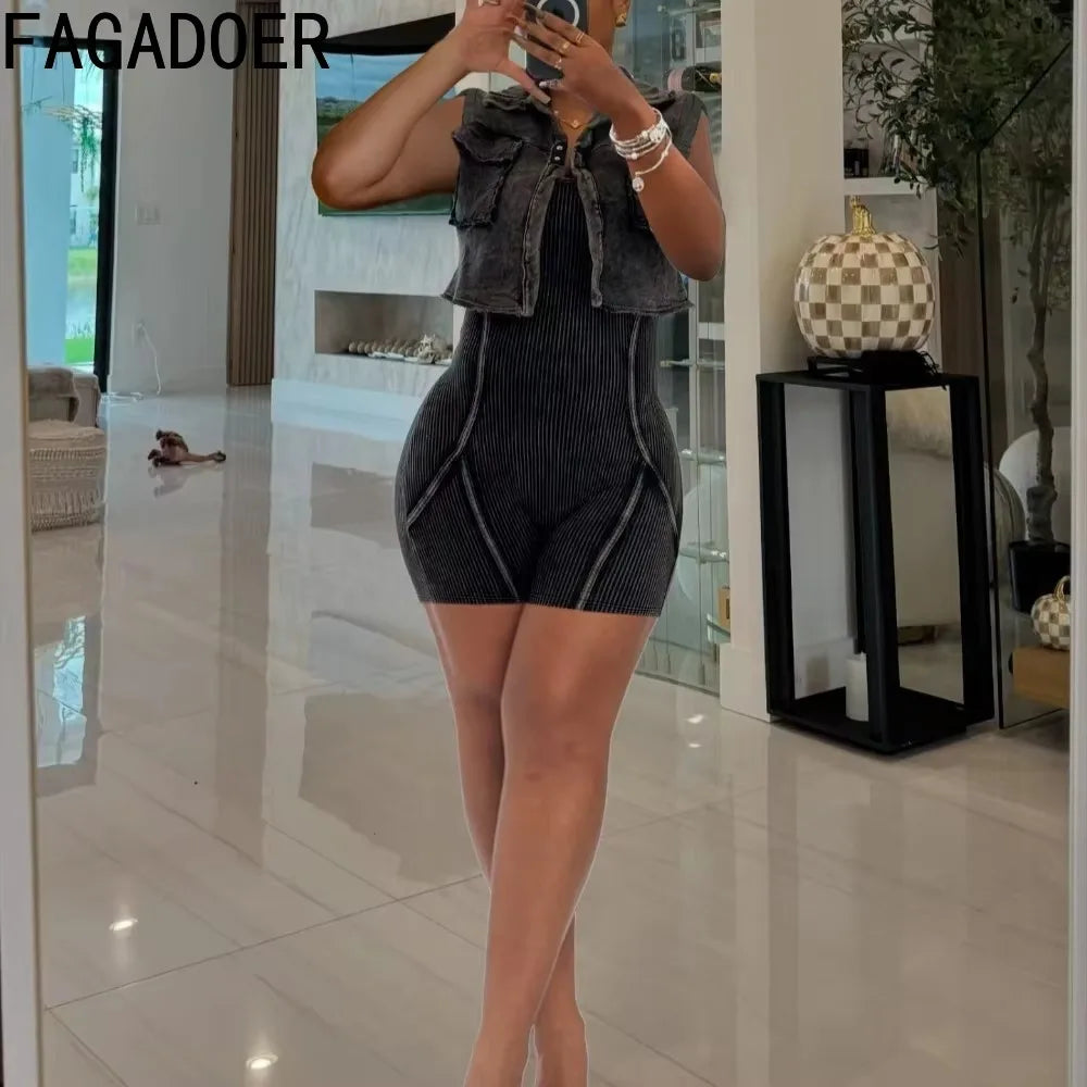 FAGADOER 2025 Spring New Casual Rib Bodycon Rompers for Women Sleeveless Coat + Spaghetti Strap Jumpsuits Casual Female Overalls