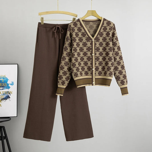 Spring Casual Two Piece Suit - Long Sleeve Knitted Cardigan Wide Leg Pants Women Sweater Set
