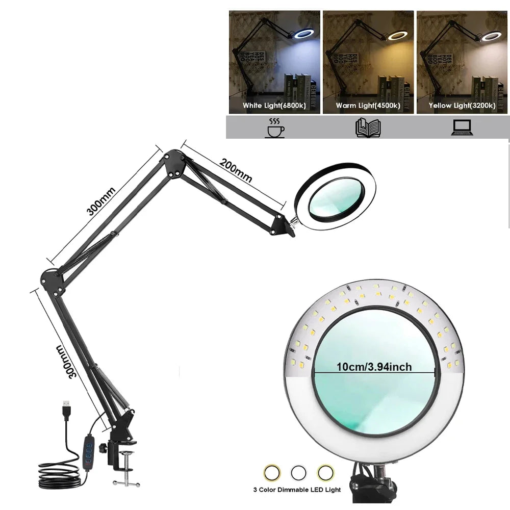 72LED Illuminated Magnifier 8X/10X - USB 3 Color LED Magnifying Glass Desk Lamp for Soldering Repair