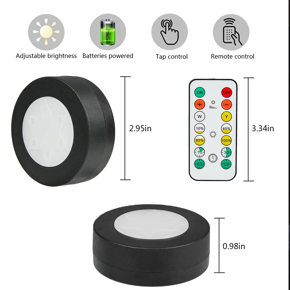 Round LED Cabinet Closet Light CCT Under Furniture Dimmable Lamps Battery Powered Night Bedroom Wardrobe Lighting Remote Control