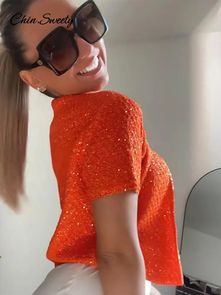 Fashion Knit Sequined Cardigan For Women Short Sleeve O-neck One Button Glitter Sweater Top 2025 Summer Lady Y2K Orange Knitwear