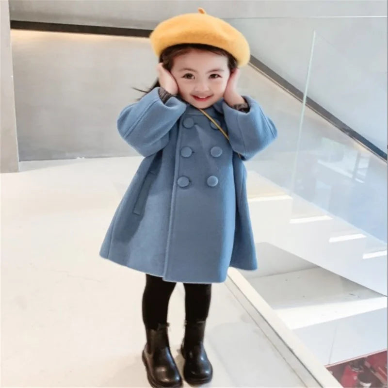 Children's Long Woolen Coat Autumn Winter Kids Warm Outerwear Girls' Double-Breasted Jackets Baby Cotton Clothing 2-8 Year