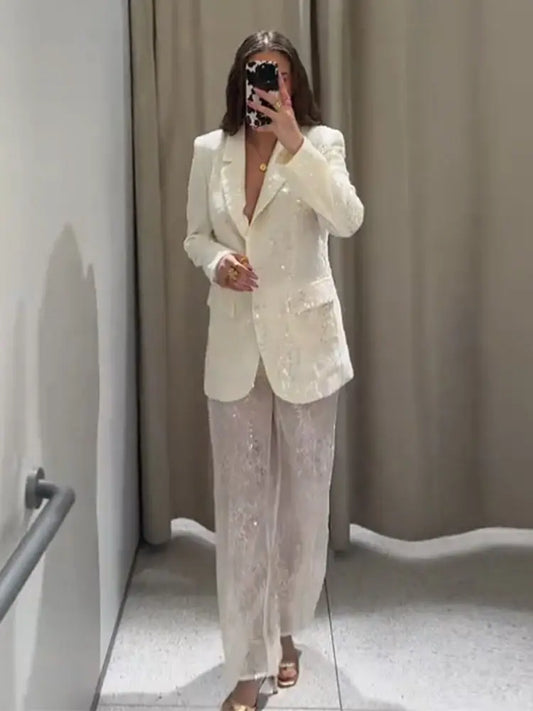 Transparent Sequin Jacket Suit Pants Suits Women Sexy Lapel Single Breasted Jacket See Through Straight Pants Fashion Lady Sets
