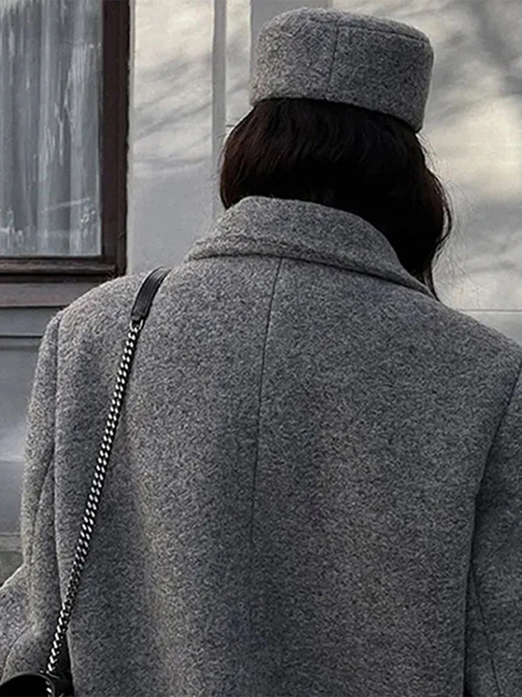 Fashion Grey Long Women's Coat Turndown Collar Double Breasted Long Sleeve Coats Fashion Vintage Winter Windproof Women Jacket