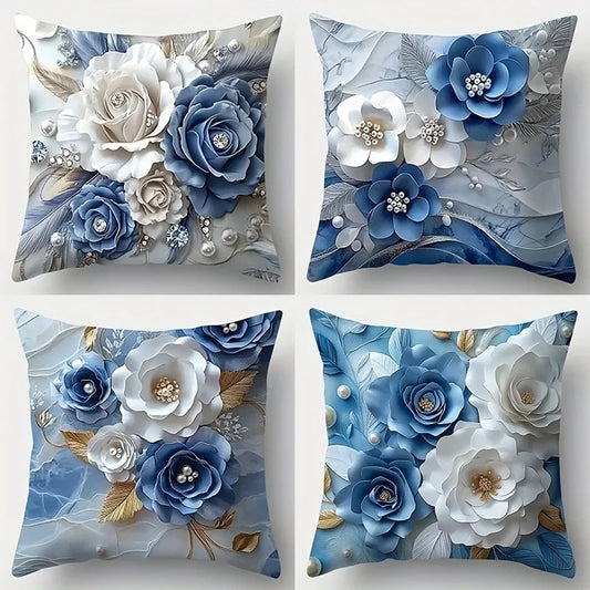 Blue White Floral Pillowcases - Jewelry Style Polyester Cushion Cover with Zipper Home Decor