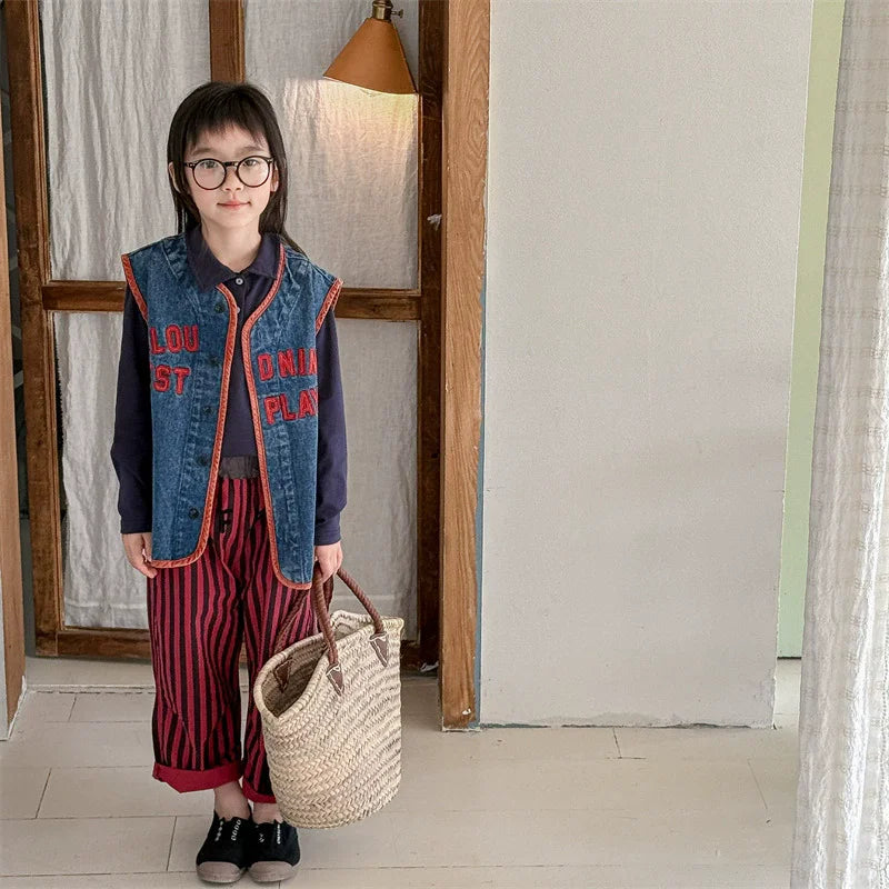 Children's Vest for Boys Girls 2025 Spring Autumn New Baby Denim Vest Letter Print Girls Kids V-Neck Waistcoat Coat