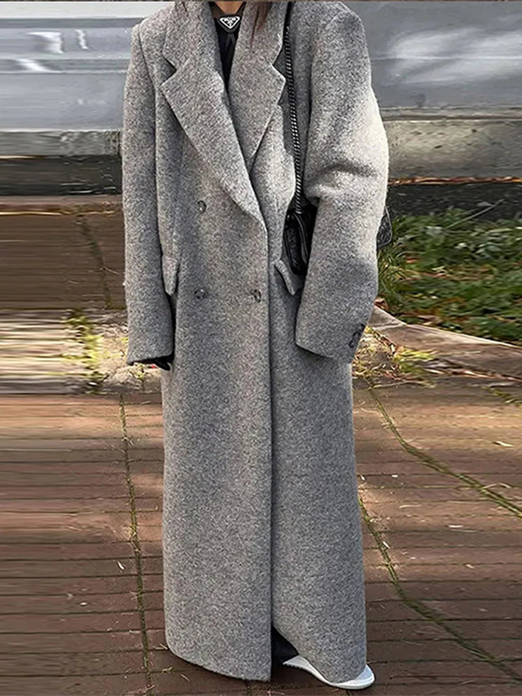 Fashion Grey Long Women's Coat Turndown Collar Double Breasted Long Sleeve Coats Fashion Vintage Winter Windproof Women Jacket