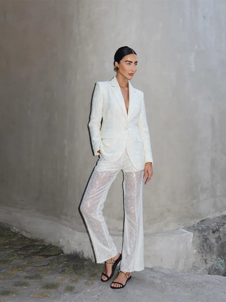 Transparent Sequin Jacket Suit Pants Suits Women Sexy Lapel Single Breasted Jacket See Through Straight Pants Fashion Lady Sets