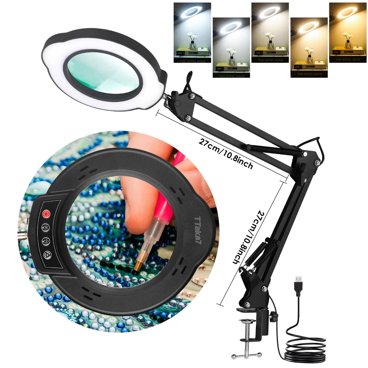 72LED Illuminated Magnifier 8X/10X - USB 3 Color LED Magnifying Glass Desk Lamp for Soldering Repair