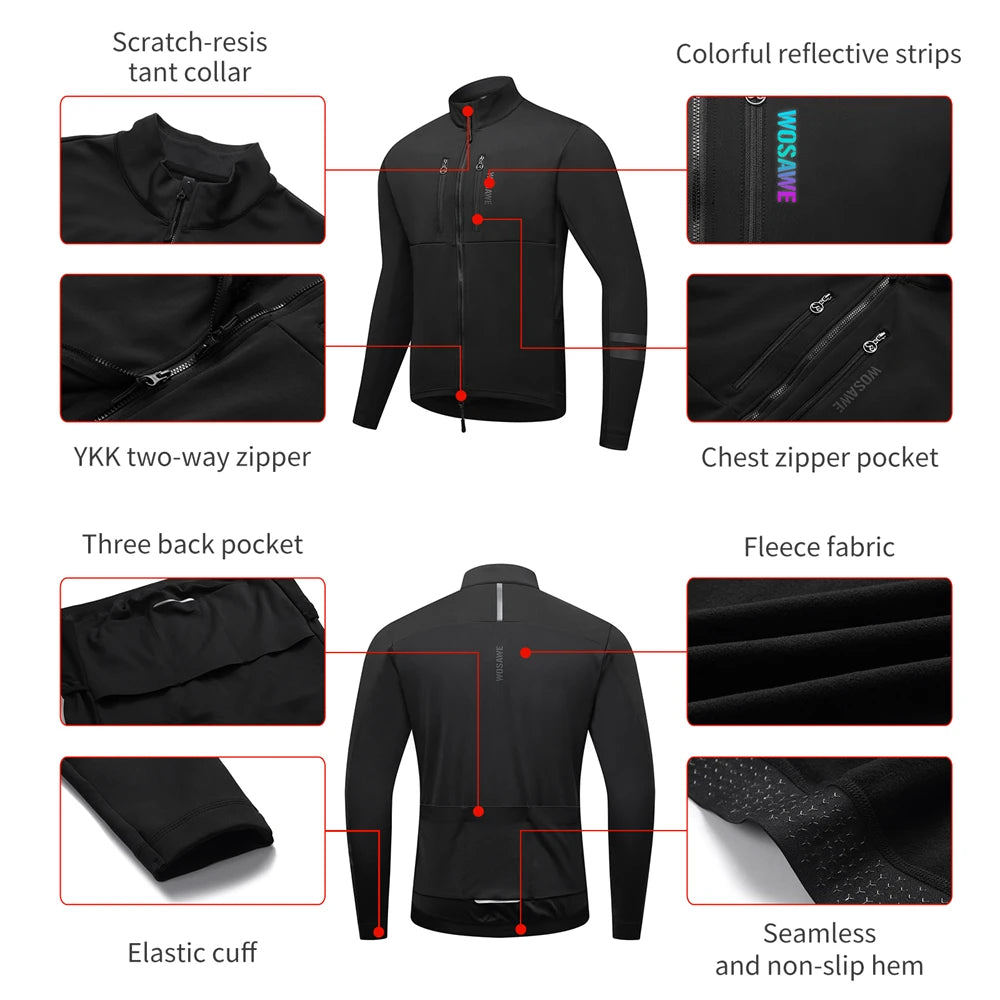 WOSAWE Men Cycling Jacket Autumn Winter Coats Thermal Fleece Windproof Bicycle Clothing Motorcycle Jackets with 2 way YKK Zipper