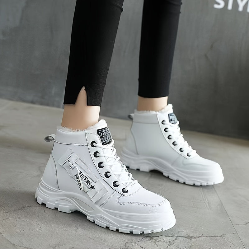 [Warm Fleece-Lined Winter Boots] Warm Fleece-Lined Women's Winter High-Top Boots - Thick Rubber Sole, Lace-Up Casual Style, White & Beige, Perfect for Cold Weather Comfort