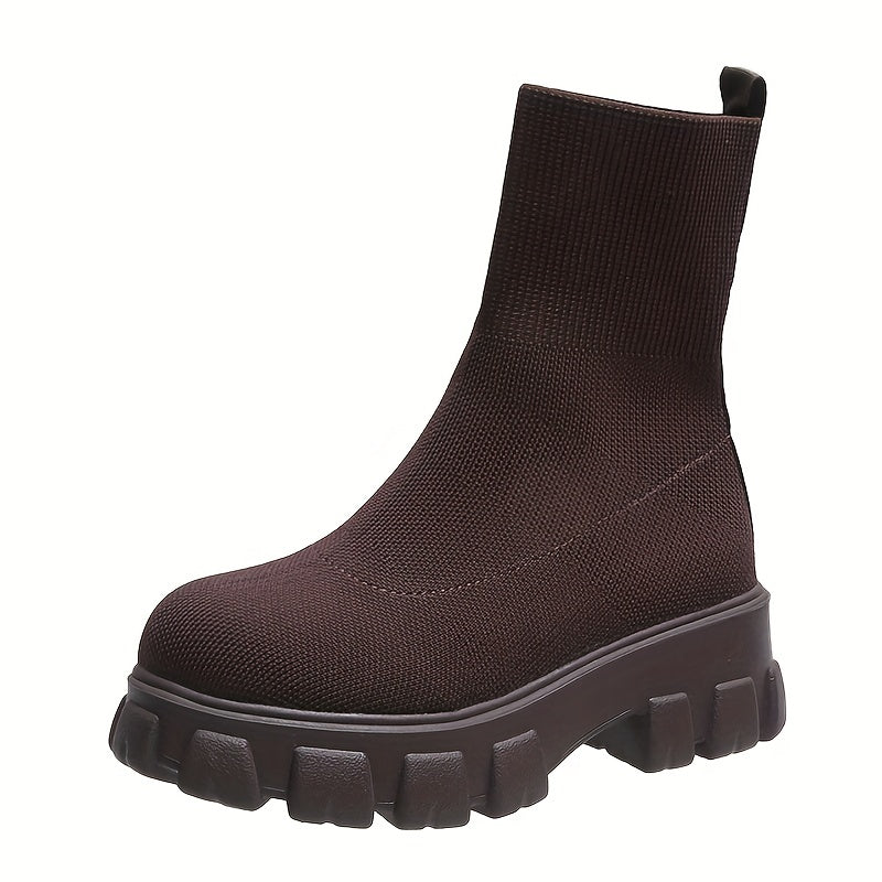 Women's Thick-soled Short Boots, Knitted Round Toe Shoes