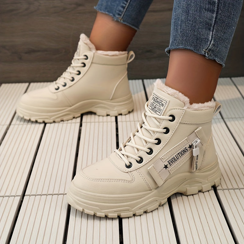 [Warm Fleece-Lined Winter Boots] Warm Fleece-Lined Women's Winter High-Top Boots - Thick Rubber Sole, Lace-Up Casual Style, White & Beige, Perfect for Cold Weather Comfort