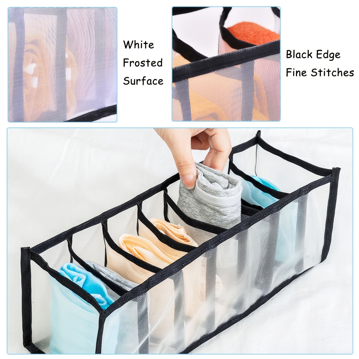5pcs Foldable Nylon Bra Organizer, Closet Underwear Organizer Drawer Divider, Bra Underwear Drawer Organizer for Women Includes 6/7/7/11/11 Cell for Lingerie, Underwear, Socks, Ties(Black)