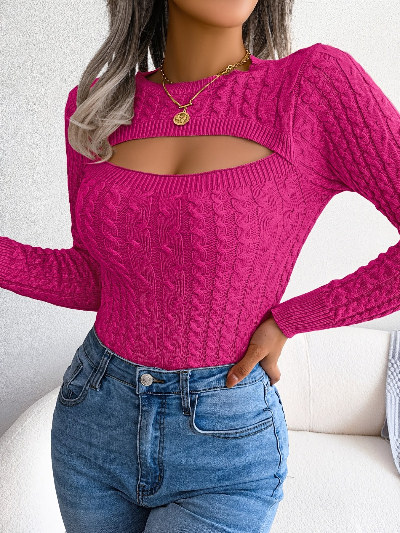 Long Sleeve High Stretch Acrylic Blend Women's Sexy Hollow-Out Knit Pullover Sweater, Skinny Fit, Solid Color, Spring/Fall Fashion Top, Crew Neck, Polyester 28%, Polyamide 22%, Viscose 28%
