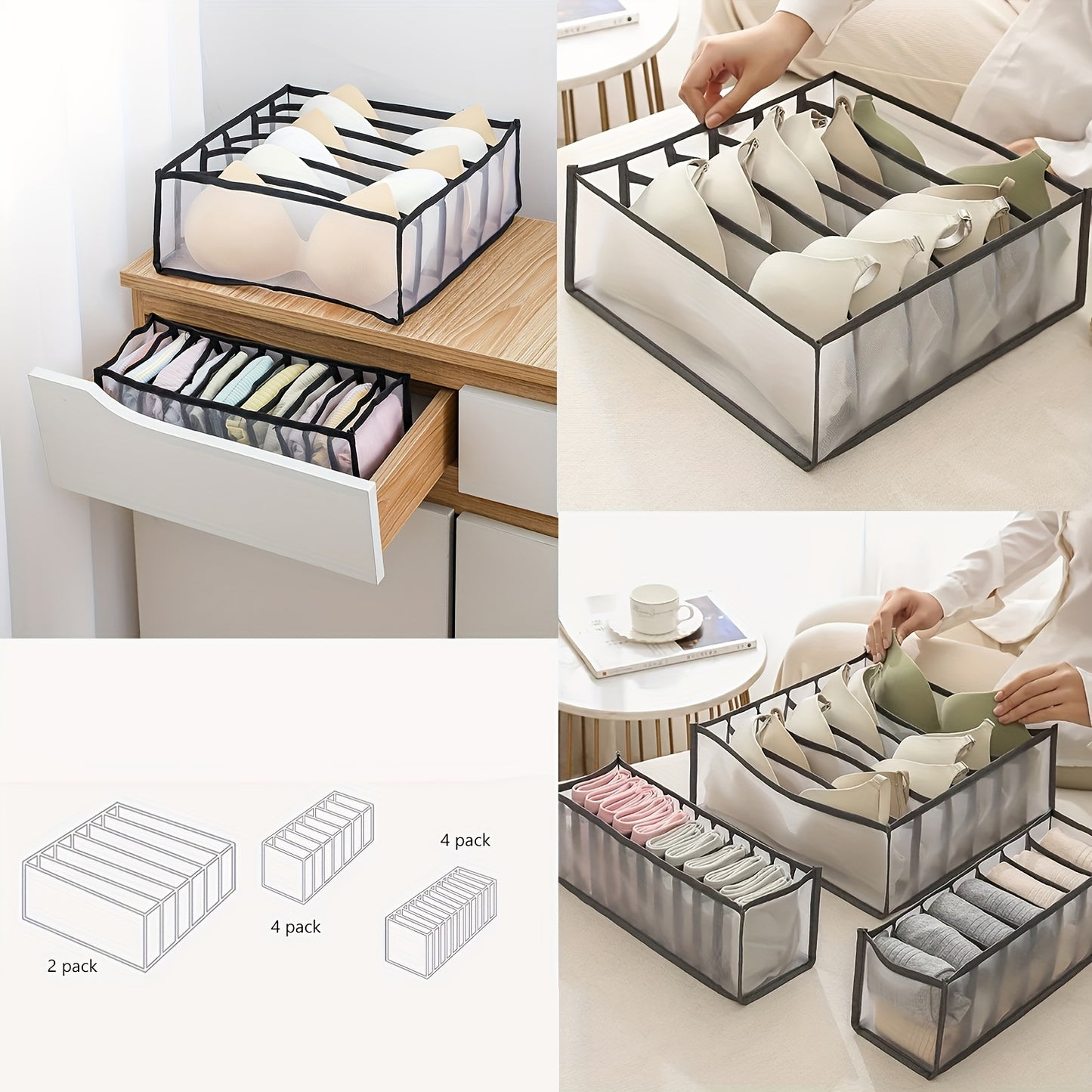 5pcs Foldable Nylon Bra Organizer, Closet Underwear Organizer Drawer Divider, Bra Underwear Drawer Organizer for Women Includes 6/7/7/11/11 Cell for Lingerie, Underwear, Socks, Ties(Black)