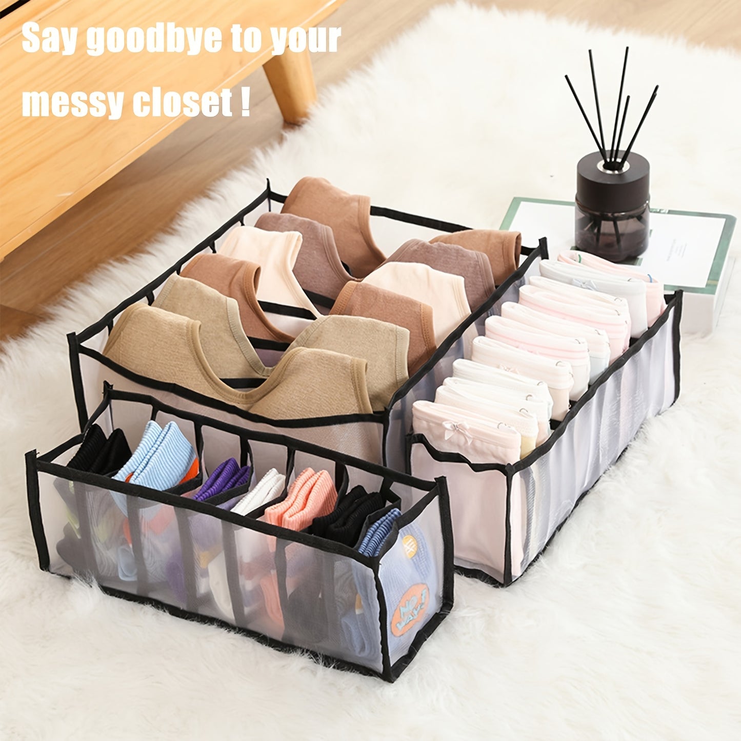5pcs Foldable Nylon Bra Organizer, Closet Underwear Organizer Drawer Divider, Bra Underwear Drawer Organizer for Women Includes 6/7/7/11/11 Cell for Lingerie, Underwear, Socks, Ties(Black)
