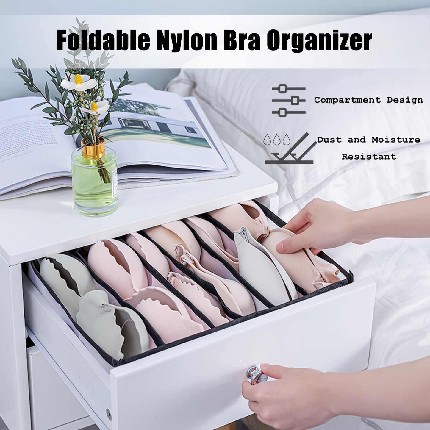 5pcs Foldable Nylon Bra Organizer, Closet Underwear Organizer Drawer Divider, Bra Underwear Drawer Organizer for Women Includes 6/7/7/11/11 Cell for Lingerie, Underwear, Socks, Ties(Black)